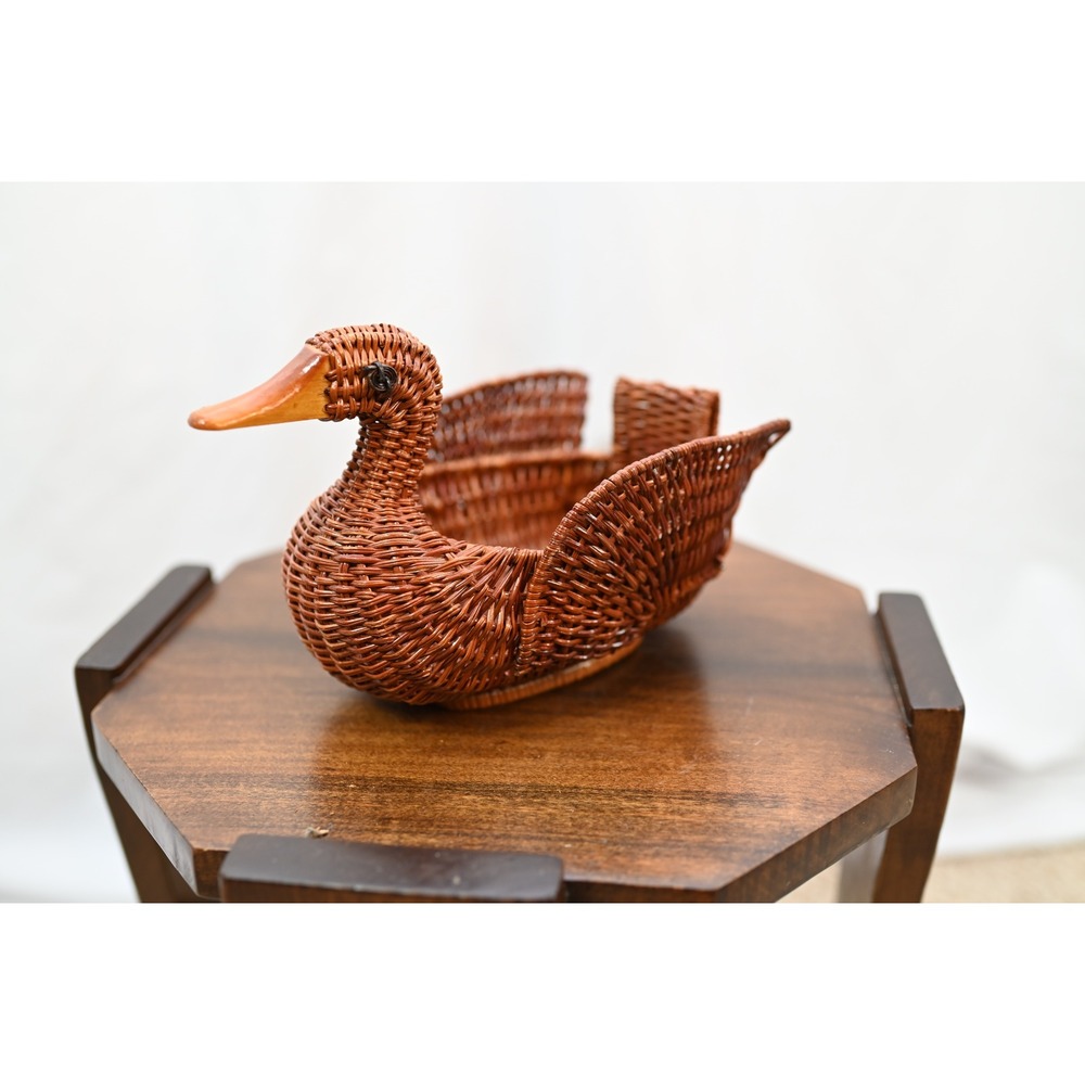 Vintage Wicker Duck Basket Brown Woven Rattan Mallard Figurine Decor